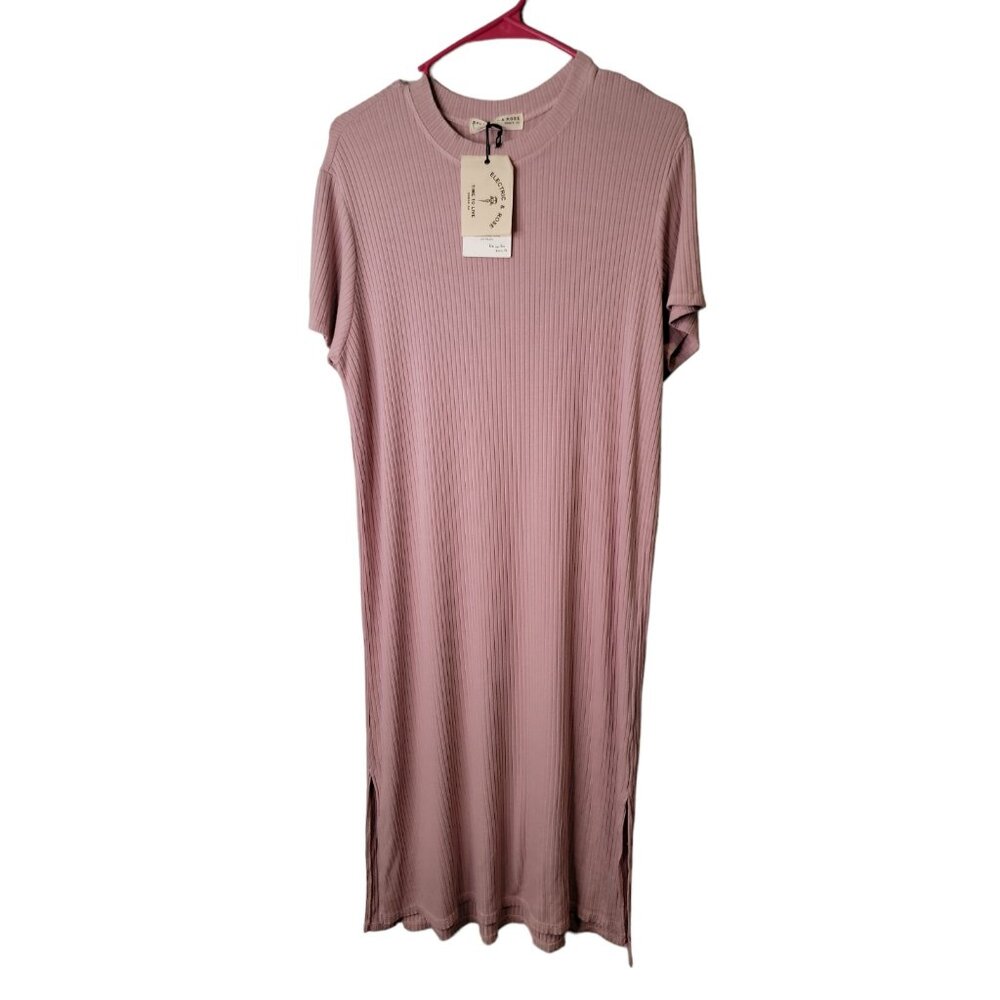 Electric & Rose Size Medium Shirt Dress Pink Ribbed Stretch Short Sleeve NWT